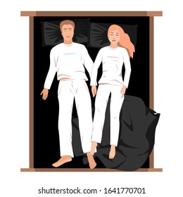 Couple in sleeping in white pyjamas on black bedding. Top view flat vector illustration. Man and woman sleeping together and holding their hands