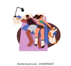 Couple sleeps in bed together top view. People have rest on pillows at night. Asleep dog is in bedroom with family. Tired girl and man nap. Flat isolated vector illustration on white background