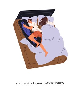 Couple sleeps together top view. People have a rest, nap in bed. Sleepless boy with insomnia uses smartphone while asleep girl relaxes on pillow. Flat isolated vector illustration on white background