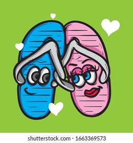 Couple slipper bonding together in love. Colorful flip flop sandal isolated vector. Footwear lover character illustration