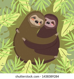 A couple of sloths hugging. Green card with palm leaves and sloths. Vector image.