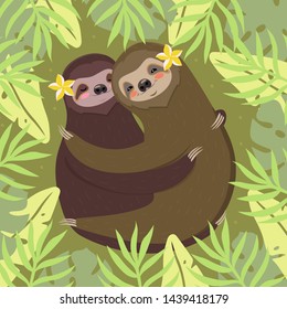A couple of sloths hugging. Green card with palm leaves and sloths. Vector image.