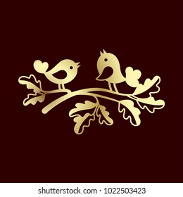 Couple of small birds in the oak branch. Laser cutting or foiling template for greeting cards, envelopes, wedding invitations, decorative interior elements.