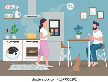 Couple in smart kitchen flat color vector illustration. People using automated household appliances. Young man and woman with smartphones 2D cartoon characters with dining room on background