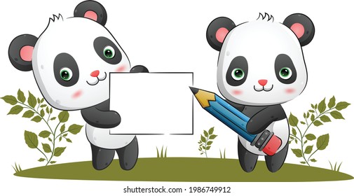 The couple of smart panda is holding a pencil while holding a big blank banner in the park of the illustration
