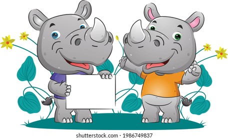 The couple of smart rhino explaining something while holding the blank banner of the illustration