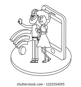Couple with smartphone black and white