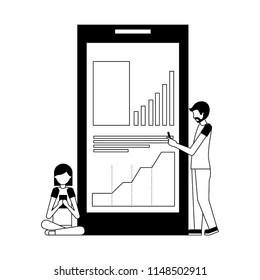 couple and smartphone device with statistics graphic