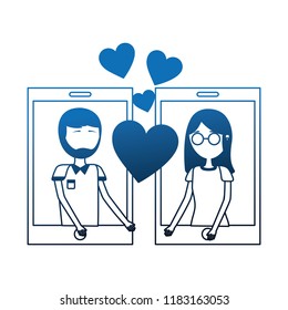 couple in smartphone with hearts isolated icon