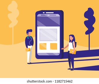 couple with smartphone in landscape