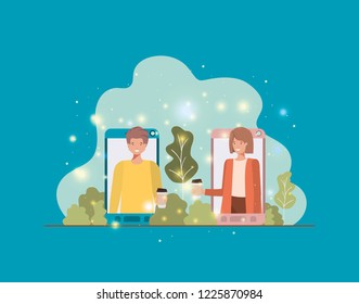 couple in smartphone on landscape