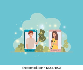 couple in smartphone on landscape