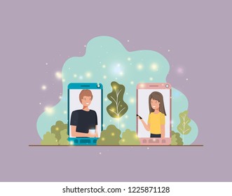 couple in smartphone on landscape