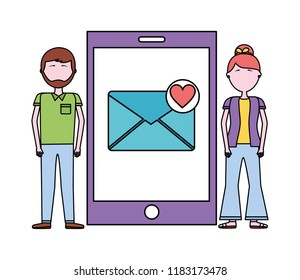 couple with smartphone and set icons
