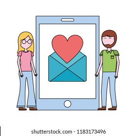 couple with smartphone and set icons