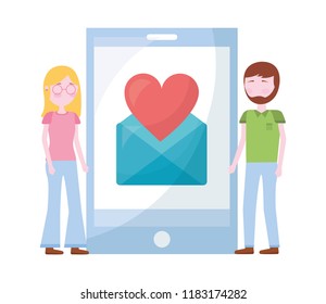 couple with smartphone and set icons