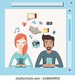 couple with smartphone social media icons