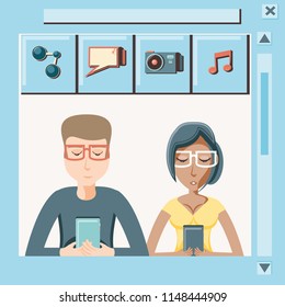 couple with smartphone social media icons