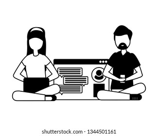 couple with smartphone and social network profile