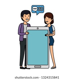 couple with smartphone and speech bubble