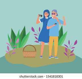 couple with smartphones basket picnic meadow vector illustration