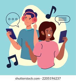 couple with smartphones listening music