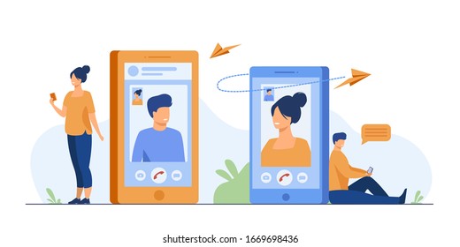 Couple with smartphones talking through video call. Man and woman using their cellphones for video chat. Vector illustration for communication, love, app, dating concept