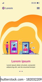Couple with smartphones talking through video call. Man and woman using their cellphones for video chat. Vector illustration for communication, love, app, dating concept
