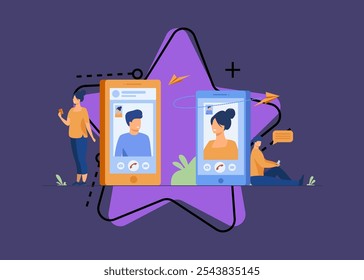 Couple with smartphones talking through video call. Man and woman using their cellphones for video chat. Vector illustration for communication, love, app, dating concept