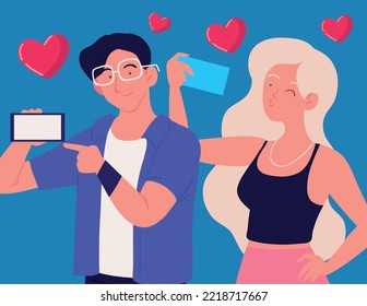 couple with smartphones, vector design