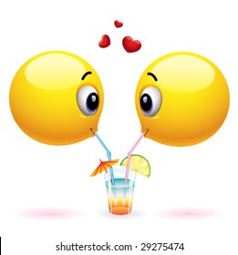 Couple of smiling balls sharing drink