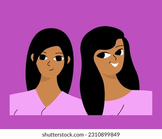 Couple of smiling black girls. Two friends, relatives or students are photographed. Isolated flat cartoon vector 
