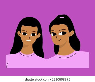 Couple of smiling black girls. Two friends, relatives or students are photographed. Isolated flat cartoon vector 
