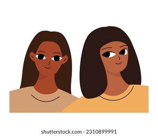 Couple of smiling black girls. Two friends, relatives or students are photographed. Isolated flat cartoon vector 
