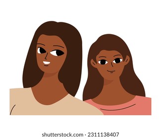 Couple of smiling black girls. Two friends, relatives or students are photographed. Isolated flat cartoon vector 
