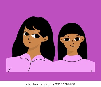 Couple of smiling black girls. Two friends, relatives or students are photographed. Isolated flat cartoon vector 
