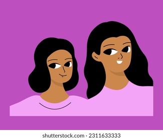 Couple of smiling black girls. Two friends, relatives or students are photographed. Isolated flat cartoon vector 
