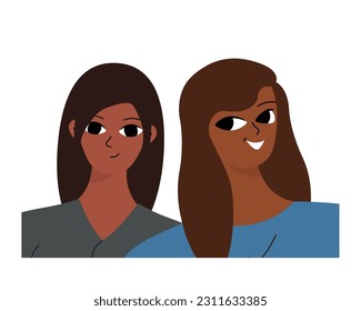 Couple of smiling black girls. Two friends, relatives or students are photographed. Isolated flat cartoon vector 
