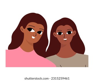 Couple of smiling black girls. Two friends, relatives or students are photographed. Isolated flat cartoon vector 
