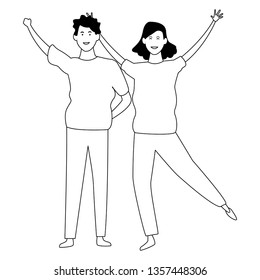 Couple smiling cartoon  in black and white