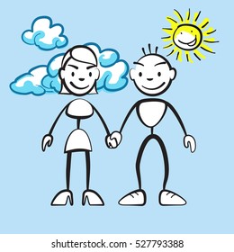 Couple smiling with clouds and sun, vector drawing on coloured background, ready for color change