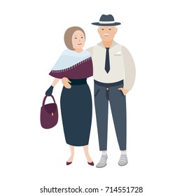 Couple of smiling and embracing old lady and gentleman dressed in elegant evening clothes. Pair of elderly people in love. Cute cartoon characters isolated on white background. Vector illustration.