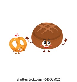 Couple of smiling German pretzel and brown bread, bakery characters, cartoon vector illustration isolated on a white background. Crispy pretzel and round rye, brown bread loaf characters, mascots