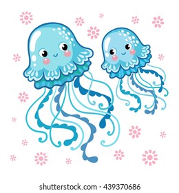 Couple smiling jellyfish floating in the sea. Vector illustration of jellyfishes on a background of pink flowers.