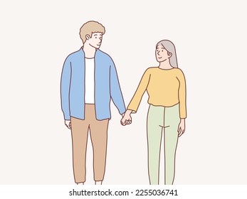 Couple smiling and looking at each other holding hands fall in love simple korean style illustration