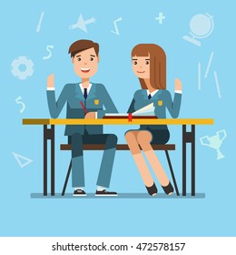 Couple of smiling teenager young students in school uniform at the desk. Happy schoolboy and schoolgirl sitting and raised his hand in the classroom. Vector illustration of education concept