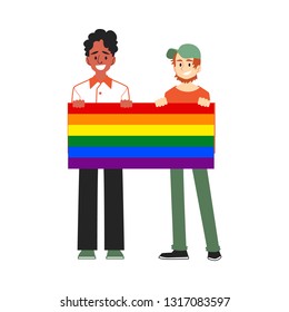 Couple of smiling white and black men, ginger and brunet, gays holding a poster or a banner with a rainbow. Element lgbt and gay parade, flat vector illustration with lgbt man.