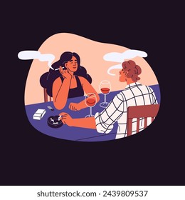 Couple smokes cigarettes together in smoky restaurant. People relax, exhale tobacco fume, steam. Smokers drink alcohol, wine on romantic date. Nicotine addiction. Flat isolated vector illustration