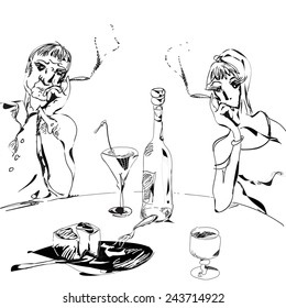 Couple smoking and having wine, black and white illustration in simple manner