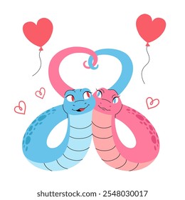 Couple of snakes in love. Character is symbol of Chinese New Year. Valentine's day vector illustration. Balloons hearts, scribble hearts. Suitable for greeting card, calendar, packaging.